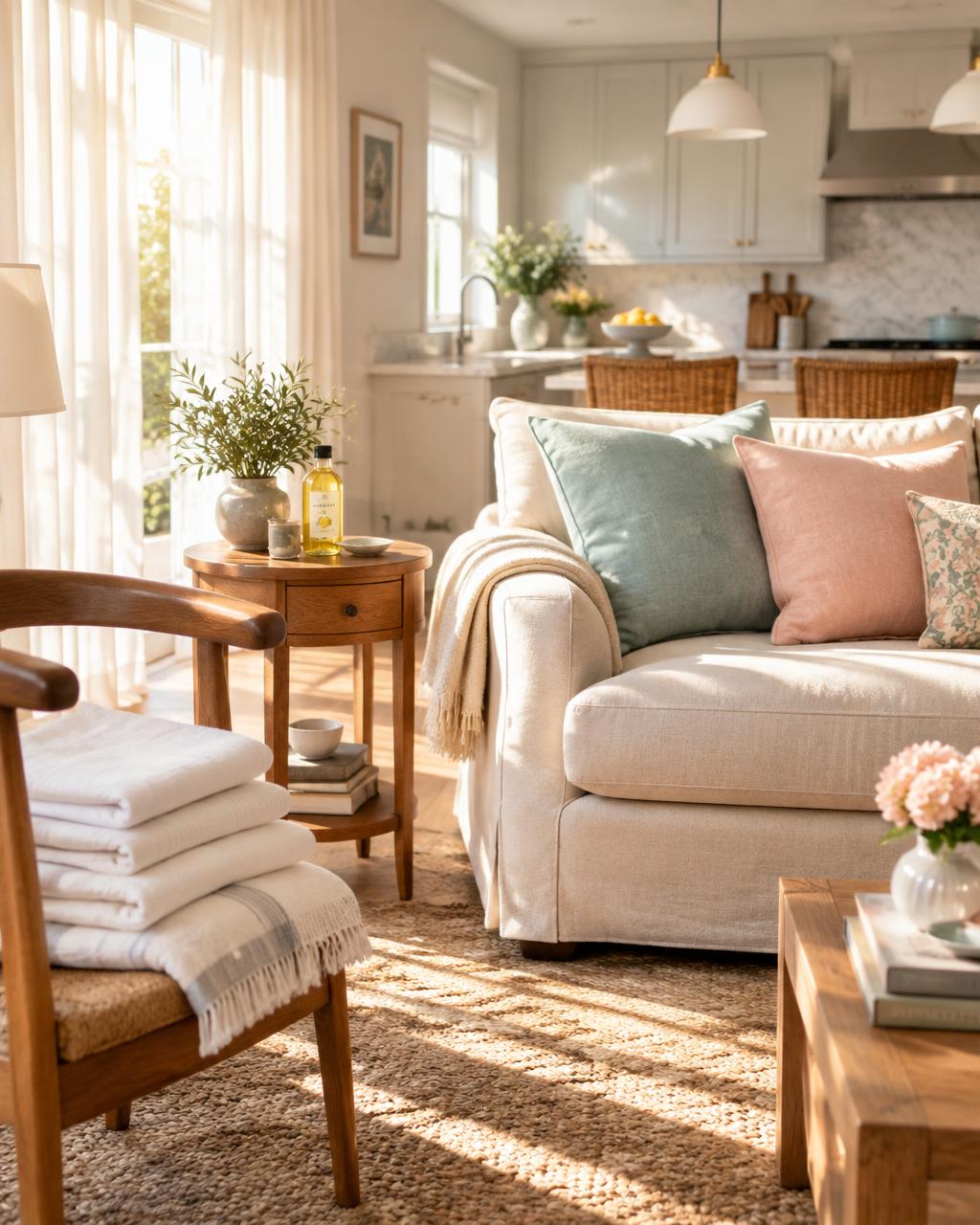 A sunlit, freshly cleaned living room with folded white linens and lemon oil on an oak table